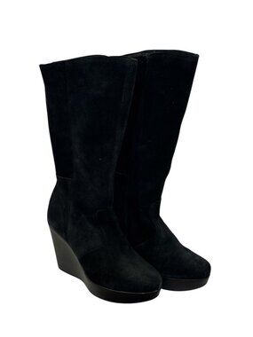 Cuple Women's Black Suede Wedge Knee-High Boots With Side Zipper Size 36